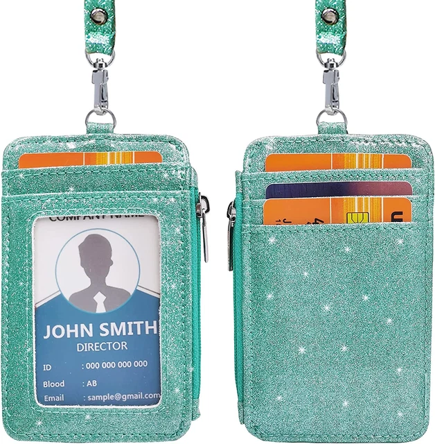 ID Badge Holder with Neck Lanyard PU Leather ID Badge Wallet Case with 1 ID Wind