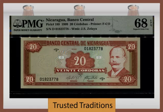 Tt Pk 189 1999 Nicaragua 20 Cordobas Pmg 68 Epq Superb Gem Unc Finest Known!!!