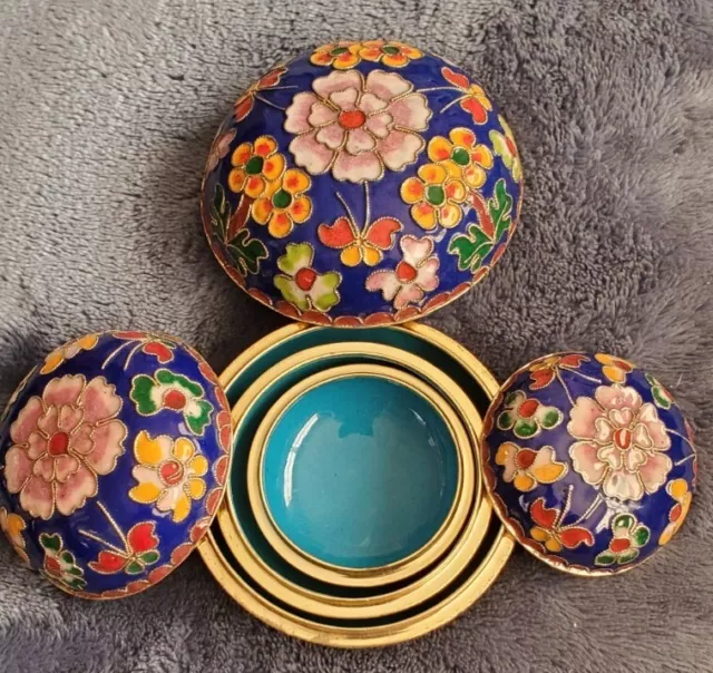 Cloisonne Hand Crafted Chinese Jewelry Box Floral Blue Yellow , set of 3 pcs.