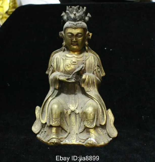6.8" Old China Chinese Bronze Gilt Seat Kwan-yin Guan Yin Statue sculpture