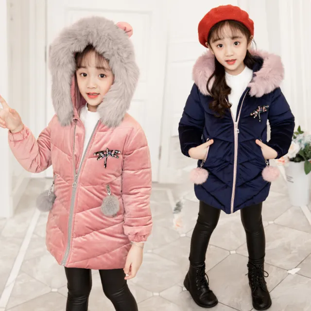 Kids Girls Thick Velvet Quilted Jacket Fur Collar Long Parka Hooded Coats Winter