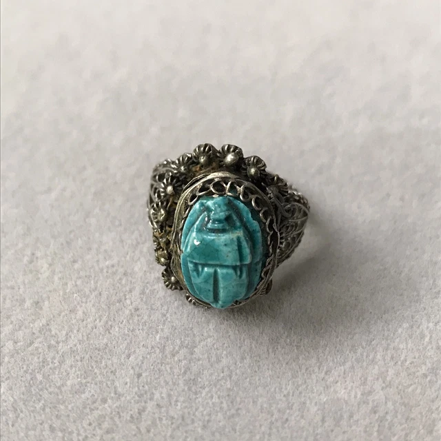 Bague Ancienne Rare En Argent Avec Turquoise - Taille EU 58 / US 8 - État Parfait