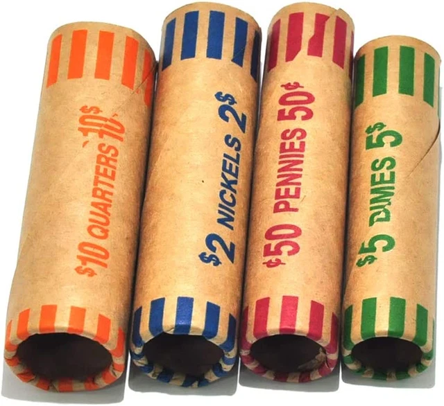 128 Assorted Preformed Coin Wrappers Rolls - Quarters, Pennies, Nickels and Dime