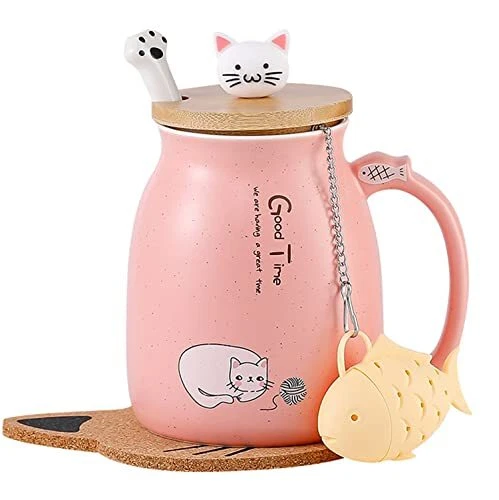 Cat Mug Ceramic Coffee Mugs Kitty Lid Cat Paw...n