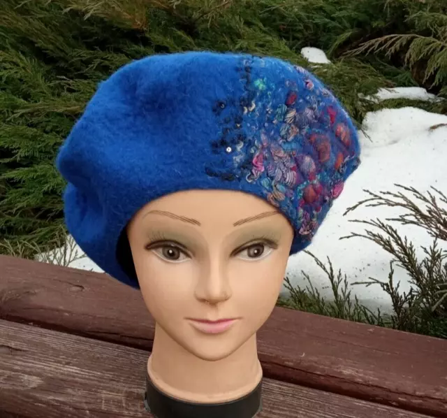 Womens felted cornflower merino wool beret.oversized beret by hand.spring beret.