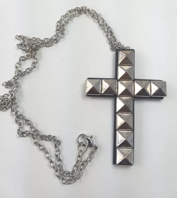 Cross Studded Spike Necklace Chain Goth 80s Silver Toned Necklace Unisex 28 Inch