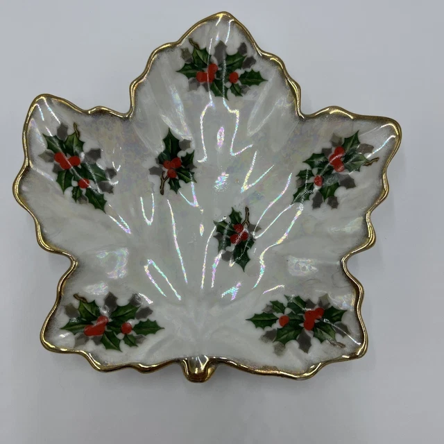 Ucagco China Candy Dish Japan Holly Iridescent Lusterware Christmas Vintage