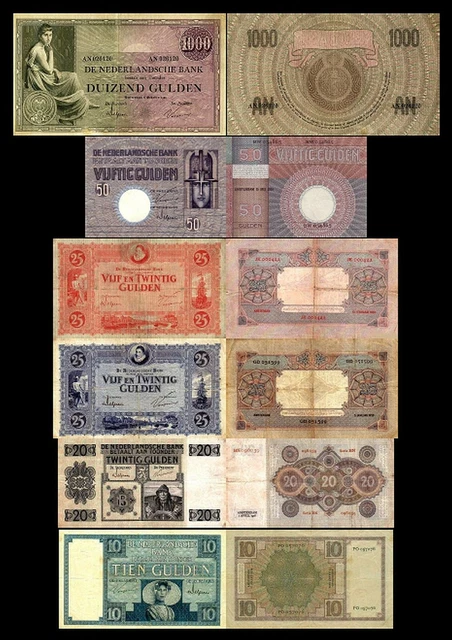 5 Niederländische Gulden Scheine – Reproduktion Der Ausgabe 1953-1956 (10, 20, 25, 100, 1000 Gulden) Auf Hochwertigem Papier