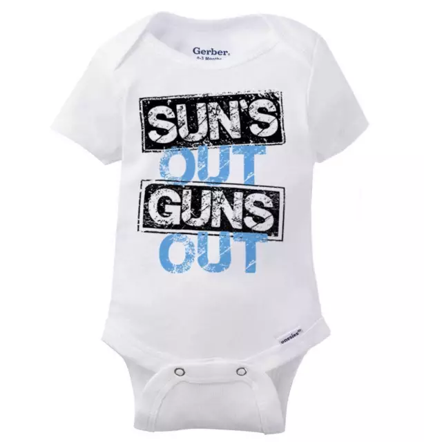 Suns Out Guns Out Funny Gerber Onesie | Rifle Gym Workout Weapon Baby Romper