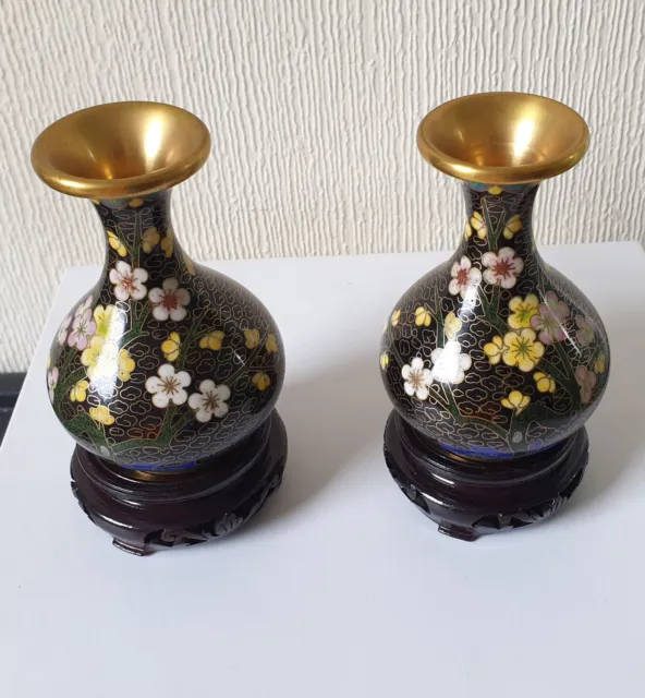 Pair of Chinese Black Cloud Cloisonne Floral Handed Posy Vases on Stands 10cm