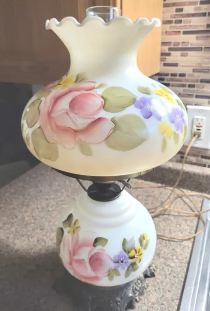 Vintage Hand painted Hurricane Parlor Lamp Floral Roses Milk Glass Chimney Flowe