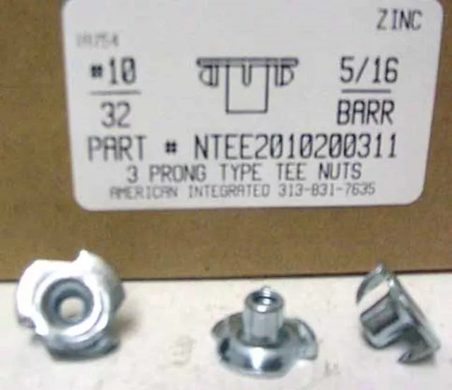 #10-32 T-Nuts 5/16 Barrel 3 Prong Steel Zinc Plated (500)