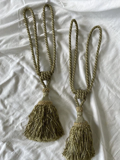 2 Sage & Gold Tassel Braided Cord Drapery Tie Backs Curtain
