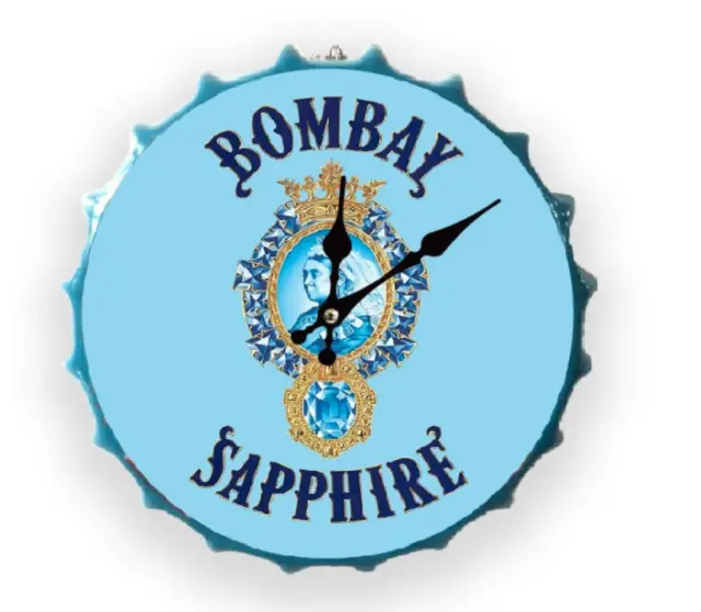 Bombay Saphir Metall Flasche Top Gin Uhr Vintage Retro Wandschild blau Kappe 30 cm