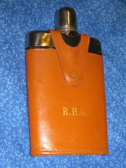 Vintage Whiskey Flask Hand Blown Glass Pure Leather Case Gold Letters R.H.G.