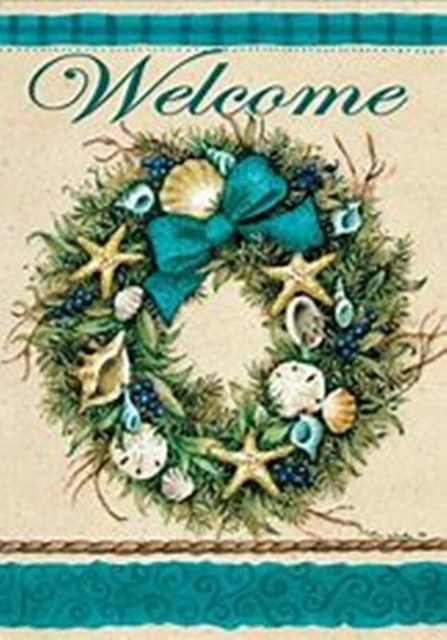 Welcome Seashell Coastal Wreath, Garden Flag, 12"x18", Custom Decor, 2 Sided