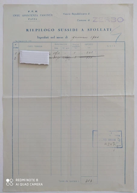 Zerbo (Pavia) 1944 Partito Fascista Repubblicano - Sussidi A Sfollati - Raro