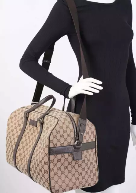 new - Gucci GG Monogram Beige Canvas & Leather Brown Duffle Bag Carry-On Boston