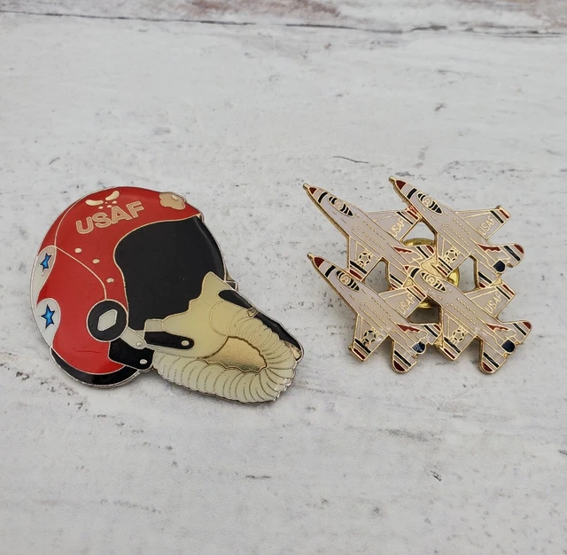 Vintage USAF Air Force Thunderbirds Jet Plane Helmet Enamel Lapel Hat Pin Set Vintage USAF Air Force Thunderbirds Jet Plane Helmet Enamel Lapel Hat Pin Set