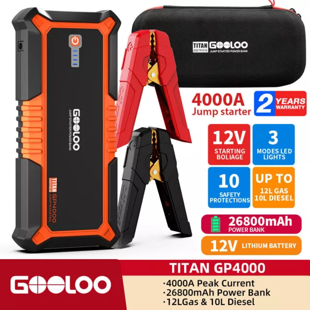 GOOLOO 4000A Super Capacity Car Jump Starter 26800mAh Portable Automotive  Power Bank 12V External Vehicle Battery Charge Booster