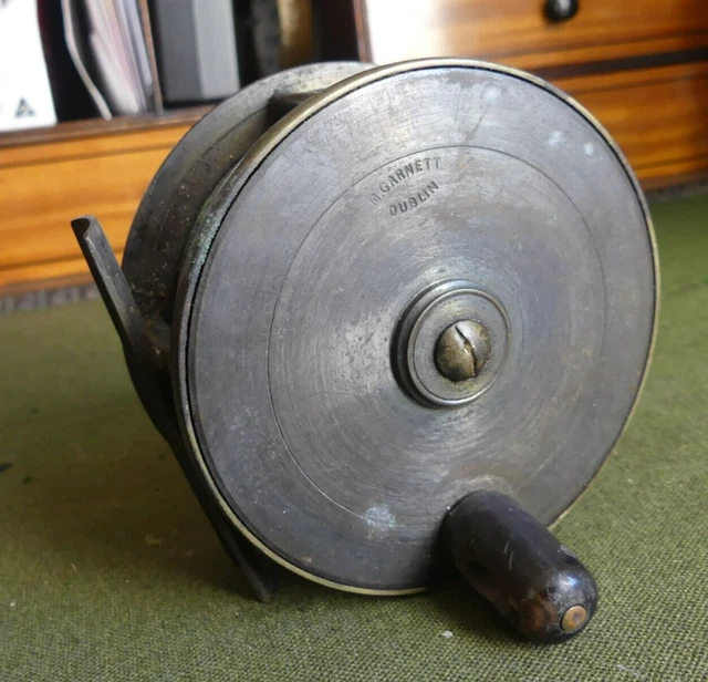 OLD IRISH BRASS Salmon Fly Reel Labelled M. Dublin Ireland £52.