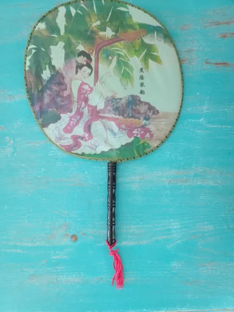 Beautiful Vintage Hand Painted Silk Paddle Fan  Japanese Asian