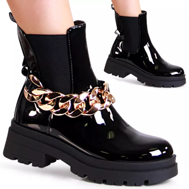 Chaussures Femme Plateforme Bottines Vernis Chelsea Boots Bottes Moitié Chaînes