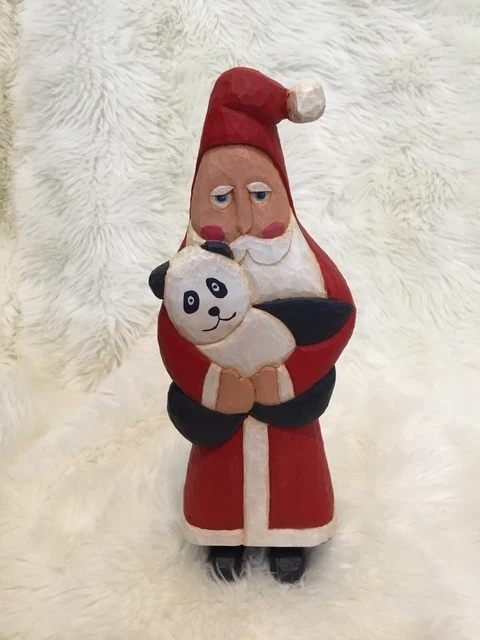 Lori Miller American Folk Art Wood Carving Santa With Teddy Bear Signed LORI ‘93