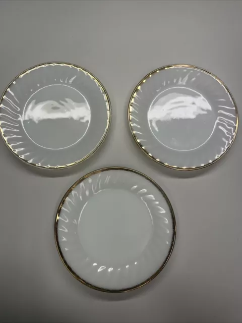 Fire King 8" Dinner Plates Swirl Milk Glass Gold Trim Anchor Hocking 3pc