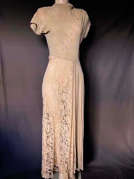 Vintage 30'S Rayon Crepe Bias Cut Evening Dress- Lace, Rhinestones
