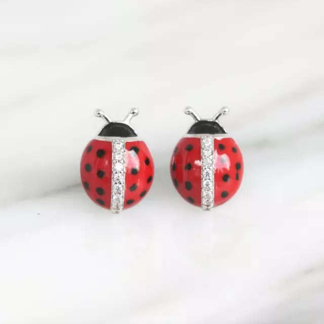 Genuine Sterling Silver 925 Girls Ladies Big CZ & Enamel Ladybug Earring Studs 2