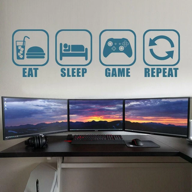 Eat Sleep Game Repeat Gamer Wall Art Decals Stickers 15+ Colours Bedroom Vinyl