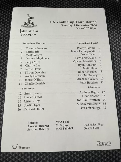 TOTTENHAM HOTSPUR U18 v Nottingham Forest Youth Cup Teamsheet 7 December 2004