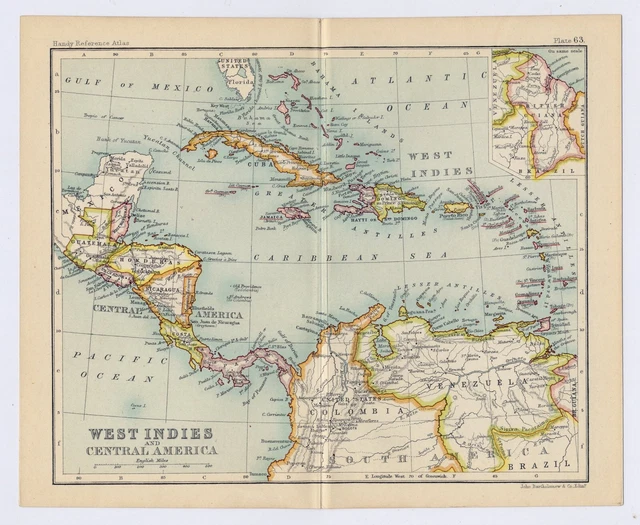 1912 Antique Map Of West Indies Caribbean Puerto Rica Jamaica Bermuda Cuba