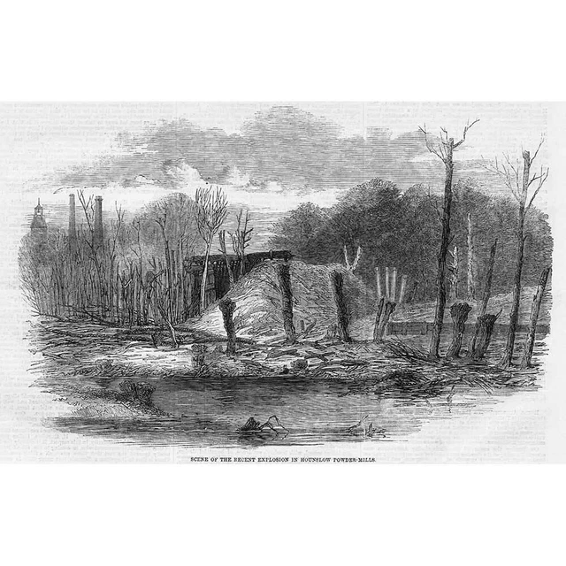 LONDON Scene of the Recent Explosion in Hounslow Powder Mills-Antique Print 1859