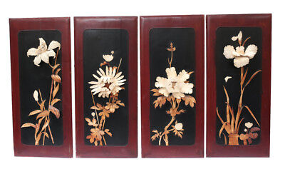 Set of 4 Japanese Floral Relief wall plaques hand carved late 19th century