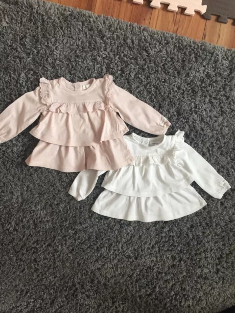 Newbie Baby Girl Long Sleeve Tops Frill White And Pink Sizs 74