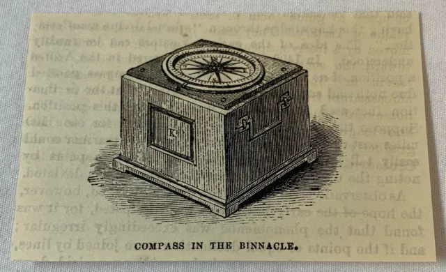 1882 pequeño grabado en revista ~ BRÚJULA DE MARINERO EN EL BINNACLE