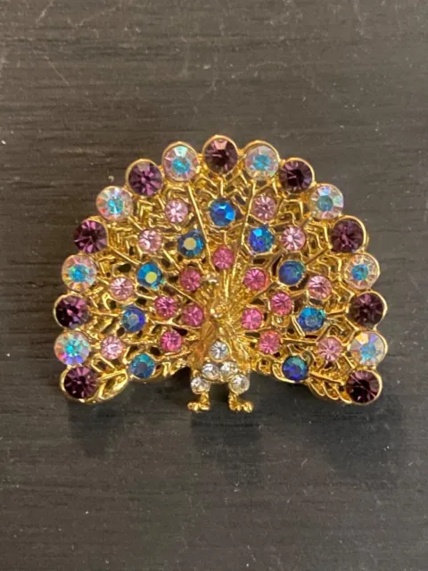 BROOCH/PIN Rich GT Colorful AB Iridescent Rhinestones PEACOCK