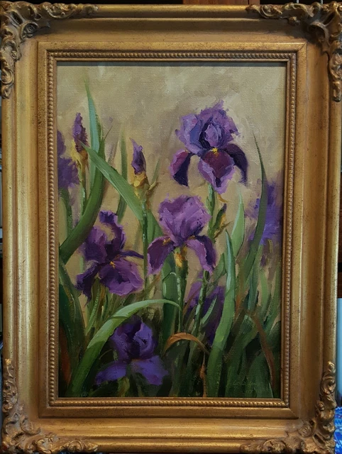 Linda Glover Gooch Iris Melody Purple Flowers Oil Painting on Linen 16x11