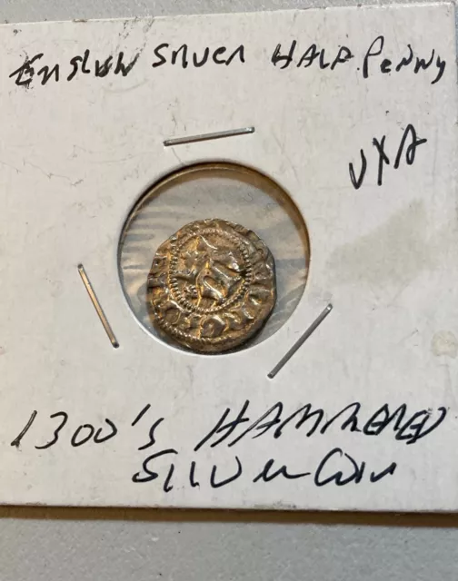 Rare 1300'S English Hammered Silver Half Penny