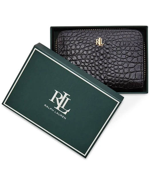 Lauren Ralph Lauren Small Zip Around Croc Embossed Boxed Leather Wallet- black/