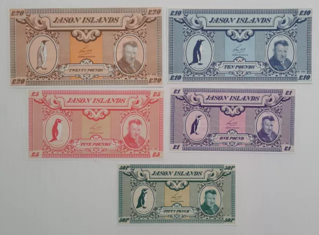 Set of 5 Jason Island Banknotes Collection. £20, £10, £5, £1, 50p. Uncirculated