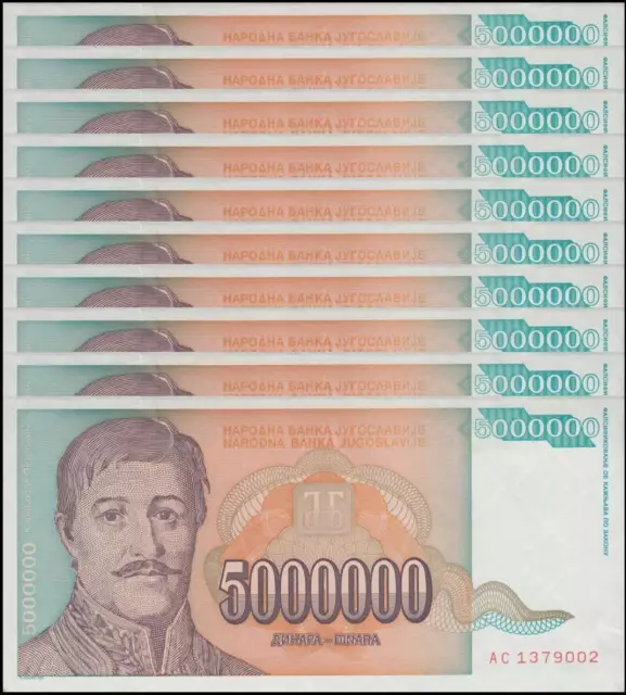 Yugoslavia 5 Million Dinara, 1993, P-132, UNC X 10 PCS