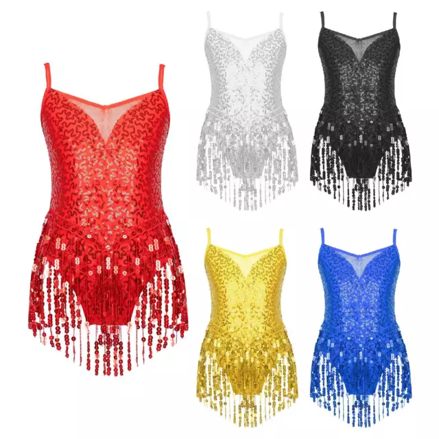 Girls Latin Dance Dress Shiny Sequins Tassel Hem Leotard Tango Rumba Dancewear