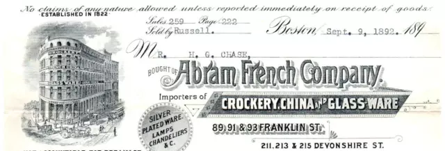 Boston MA Abram French Co Crockery China Glass Silver Letterhead Receipt 1892