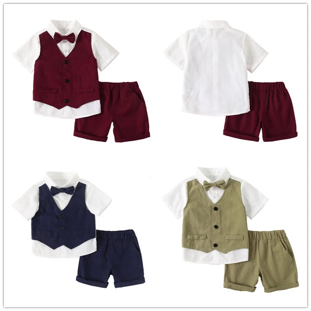 Camicia da gentiluomo bambini maniche corte + gilet finto + pantaloncini tuta da gioco matrimonio