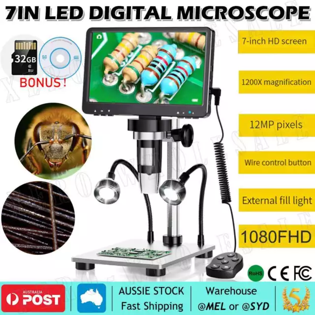 7" LCD Digital Microscope 10-1200X 1080FHD Coin Magnifier 12MP Camera 32GB New