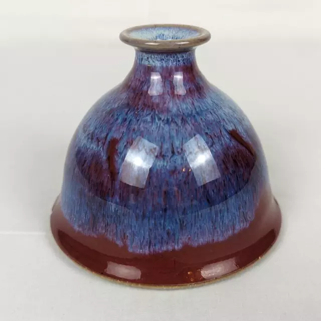 Rustic Studio Art Pottery Bud Vase Blue & Red Colored Stoneware Signed "Burns"