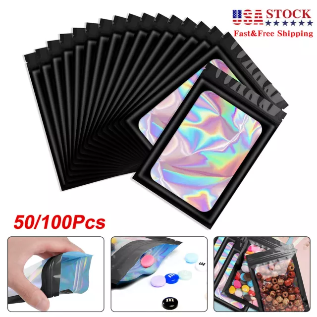 100/50 Pack Smell Proof Black Holographic Mylar Bags Resealable Zip Lock 3 sizes